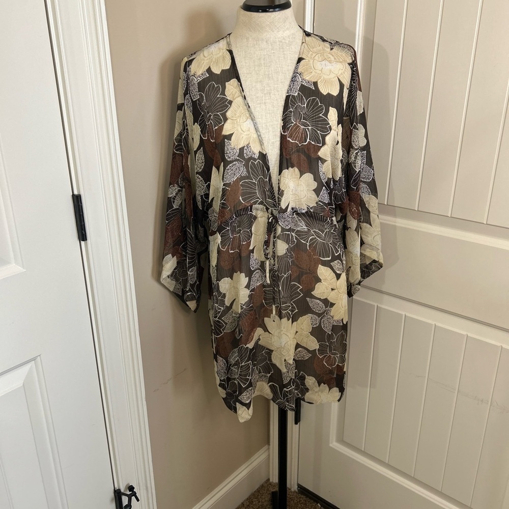 New York & Co. Brown/Cream Floral Sheer Swim Coverup. Size XL. Beach. Coastal.